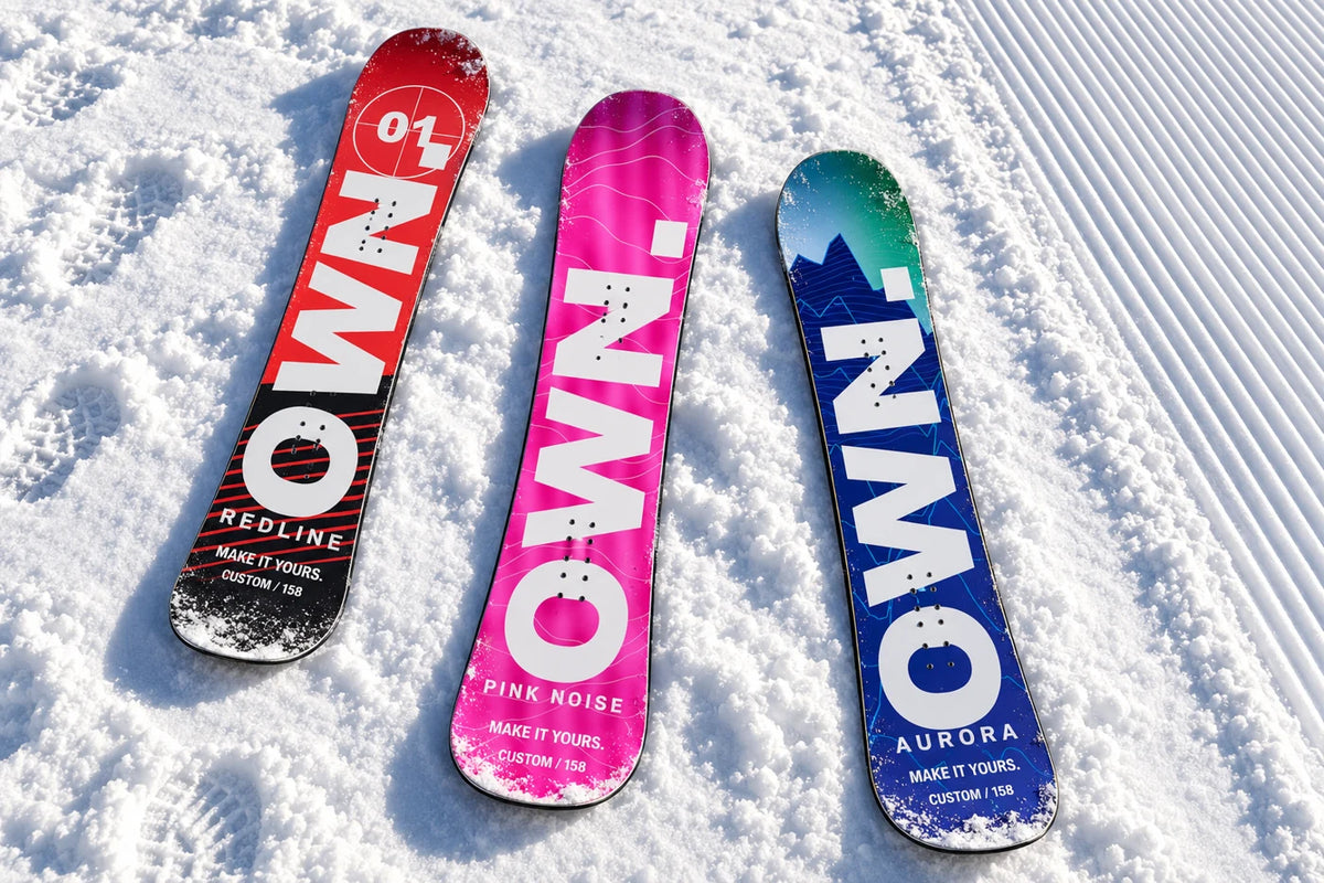 Voorbeelden van OWN. snowboardontwerpen in rood, roze en blauw